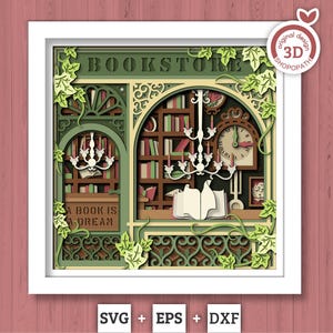 3D SVG Buchladen Schattenbox, Bücher 3D zwar, 3D Lesezeichen, Bücher Schattenbox, Bibliotheksladen Papercut Layered 3D svg, Cricut Silhouette