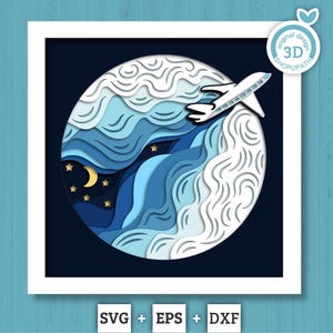 Airplane in Night Sky - 3D Shadow Box Layered SVG DXF EPS (Cutting Files)