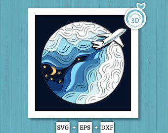 Airplane in Night Sky - 3D Shadow Box Layered SVG DXF EPS (Cutting Files)