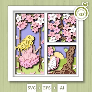 Caja de sombras SVG de niña en columpio bajo un árbol en flor en 3D, SVG de primavera en 3D, SVG de flor de cerezo en 3D, SVG de árbol de Sakura en 3D, SVG floral, silueta de Cricut