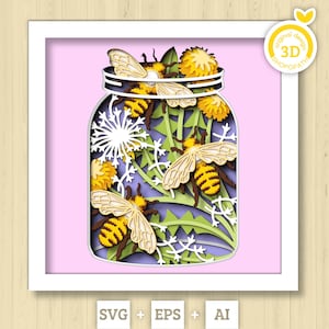3D Bees In Jar Shadow Box SVG Layered Dandelions SVG, Spring Shadow Box, Honey Bee 3D Svg, Honey Comb 3d Svg, Papercut svg Cricut Silhouette
