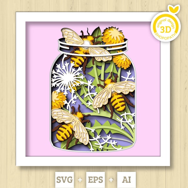 3D Bees In Jar Shadow Box SVG Layered Dandelions SVG, Spring Shadow Box, Honey Bee 3D Svg, Honey Comb 3d Svg, Papercut svg Cricut Silhouette