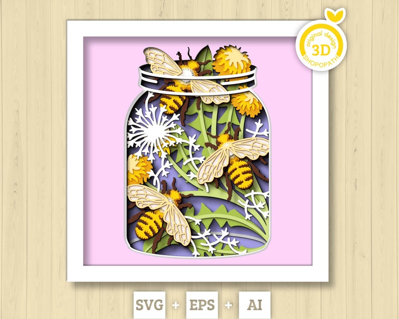 3D Bees In Jar Shadow Box SVG Layered Dandelions SVG, Spring Shadow Box, Honey Bee 3D Svg, Honey Comb 3d Svg, Papercut svg Cricut Silhouette image 1