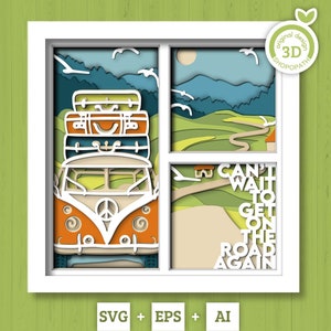 Road trip en couches 3D SVG EPS, Camper Shadow Box, Hippie Van 3D Svg Svg Papercut en couches, camping 3D, Svg Van en couches, Silhouette Cricut