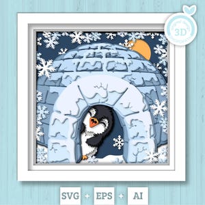 Pingouin SVG 3D à l'intérieur de la boîte de l'ombre de la maison de glace, hiver 3D SVG, pingouin Svg 3D, flocons de neige 3D SVG, Noël 3D svg, svg 3D de glace Cricut Silhouette