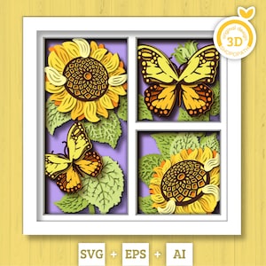 Tournesols 3D avec papillon monarque Shadow Box SVG, boîte d'ombre d'été, monarque en couches 3D svg, svg 3D papercut tournesol, Silhouette Cricut