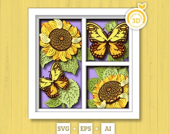 3D Sunflowers With Monarch Butterfly Shadow Box SVG, Summer Shadow Box, Layered Monarch 3D Svg, 3D Sunflower Papercut svg, Cricut Silhouette