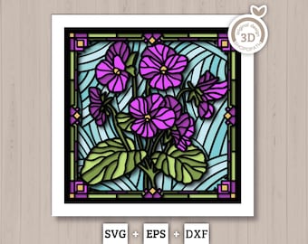 Violet Flowers Stained Glass - 3D Shadow Box Layered SVG DXF EPS (Cutting Files)