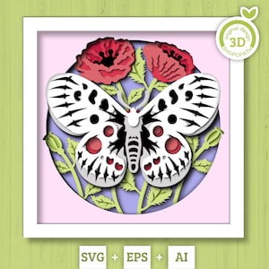 3D papillon Shadow Box SVG, SVG de couches de fleurs de pavot, Apollo 3D Svg, coquelicots Svg, printemps Shadow Box, svg floral Papercut Silhouette Cricut