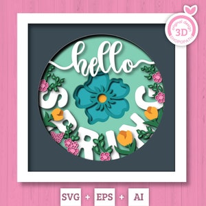 Printemps SVG EPS en couches 3D, cadre floral ombré, fleurs 3D, SVG 3D tulipe, papillon en couches Papercut svg, Silhouette Cricut