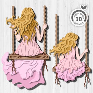 Donna a strati SVG 3D sull'altalena, Ragazza SVG 3D sull'altalena, Donna 3d SVG, Papercut Altalena 3D svg, Altalena 3D Taglio laser Cricut Glowforge