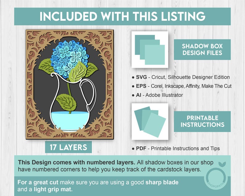 Hydrangea in Vase 8x10 Inch - 3D Shadow Box Layered SVG DXF EPS ...