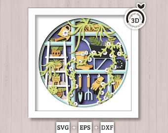 3D SVG Gardening Shadow Box SVG Spring Garden With Leaves and Flowers With Ceramic Potted Plants And Tools Layered svg, Cricut Silhouette