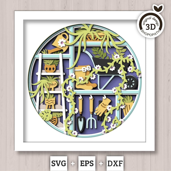 3D SVG Gardening Shadow Box SVG Spring Garden With Leaves and Flowers With Ceramic Potted Plants And Tools Layered svg, Cricut Silhouette