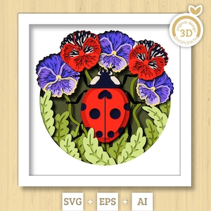 Scatola delle ombre coccinella 3D SVG, viola del pensiero 3D SVG, insetto dell'amore 3D Svg, scatola delle ombre estiva, fiori 3d Svg, carta tagliata floreale svg Cricut Silhouette