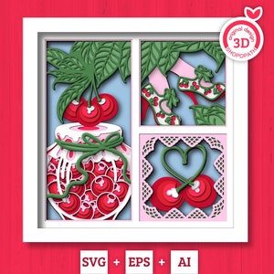 Cerises en couches 3D SVG PDF EPS, boîte d'ombre de cerise, Svg 3D d'été, confiture de fruits 3d svg, svg Papercut en couches de fruits, Silhouette Cricut