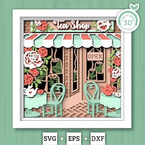 Tea Shop with Roses - 3D Shadow Box Layered SVG DXF EPS (Cutting Files)
