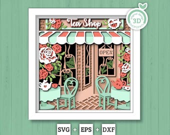 Herbaciarnia z różami – 3D Shadow Box Layered SVG DXF EPS (pliki do cięcia)