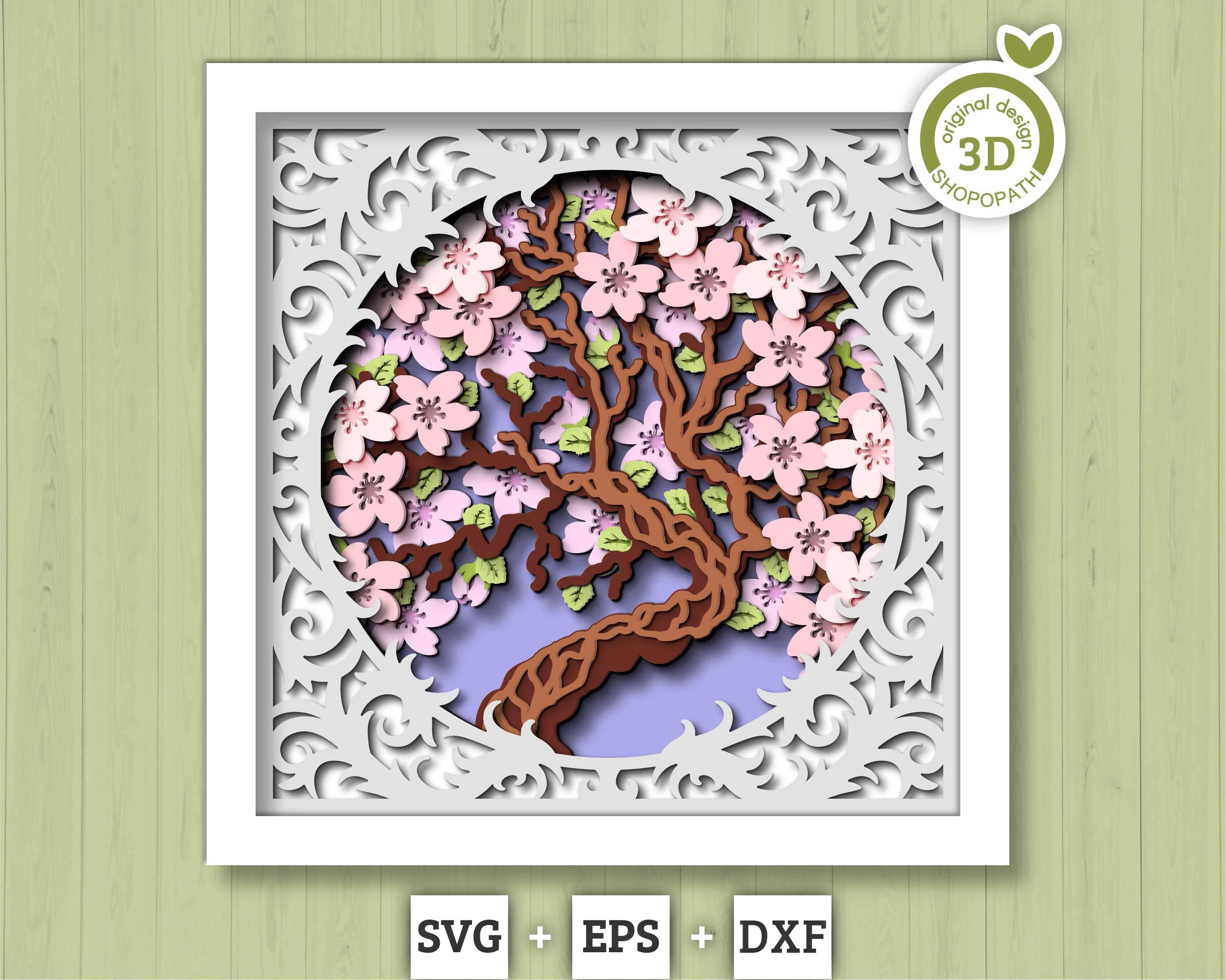 Spring Cherry Blossom Tree - 3D Shadow Box Layered SVG DXF EPS