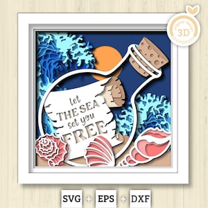 Mensaje en botella (SVG 3D), pergamino (SVG 3D), olas (SVG 3D), mar (SVG 3D), verano (SVG 3D), pergamino de papel (SVG), silueta de Cricut