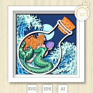 3D SVG sirène dans la boîte de l'ombre de la bouteille, sirène 3D, Svg 3D vagues, mer 3D svg, Svg 3D été, sirène Shadow Box 3D Svg, Silhouette Cricut