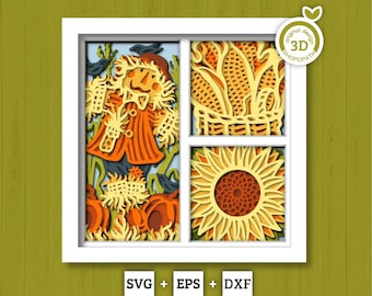 Fall Scarecrow with Corn Panels - 3D Shadow Box Layered SVG DXF EPS (Cutting Files)