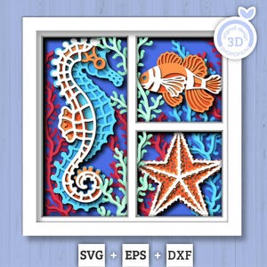 3D Sea Shadow Box SVG, Aquarium Shadow Box, Clown Fish, Starfish, Seahorse 3D Svg, Sea Creatures 3d Svg, Nautical svg, Cricut Silhouette
