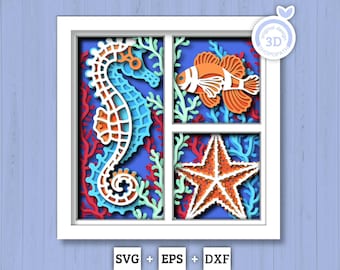Paneles de acuario con criaturas marinas - Caja de sombras 3D en capas SVG DXF EPS (archivos de corte)