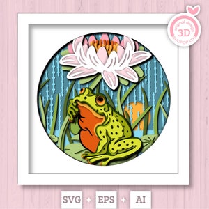 Rana 3D bajo la lluvia (SVG), verano 3D (SVG), rana 3D (SVG), lluvia 3D (SVG), flor de loto 3D (SVG) Cricut Silhouette