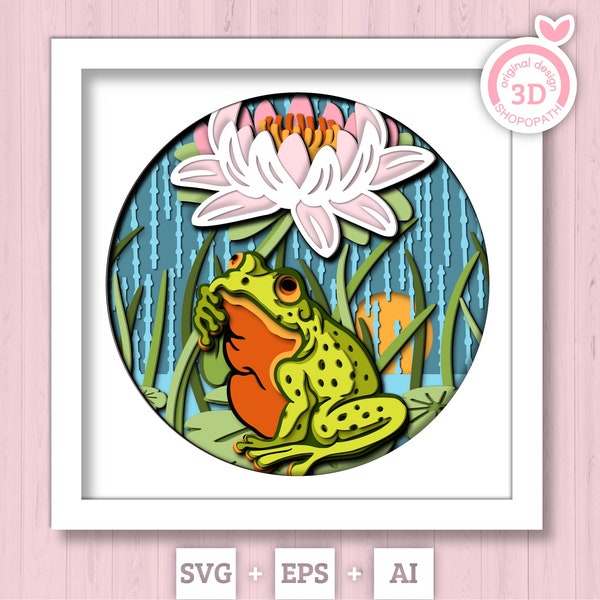 3D Frog Under Water Lily Flower In The Rain Shadow Box SVG, 3D Summer SVG, 3D Frog Svg, 3d Rain SVG, 3d Lotus Flower svg Cricut Silhouette