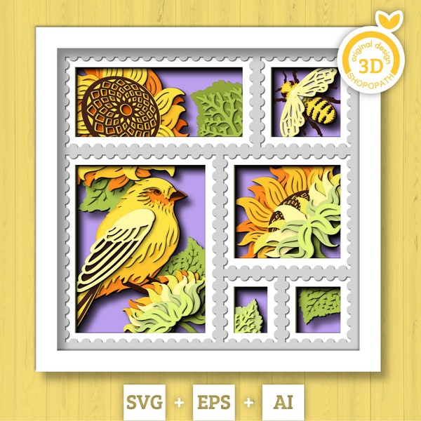 3D Layered Sunflowers With Honey Bee And Goldfinch Stamp Frame Shadow Box SVG, Summer Shadow Box 3D Sunflower Papercut svg Cricut Silhouette