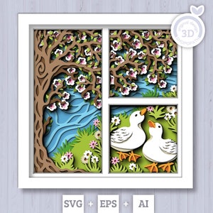 3D SVG printemps ombre boîte, arbre fleur arbre ombre, Svg 3D canards, fleurs de cerisier en couches Papercut svg fleurs 3D fleurs 3D Silhouette Cricut