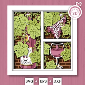 Paneles de botella de vino con vides - Caja de sombras 3D con capas SVG DXF EPS (archivos de corte)