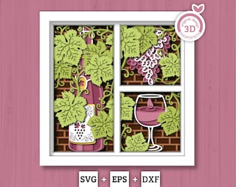 Wijnfles met wijnrankenpanelen - 3D Shadow Box gelaagde SVG DXF EPS (bestanden snijden)