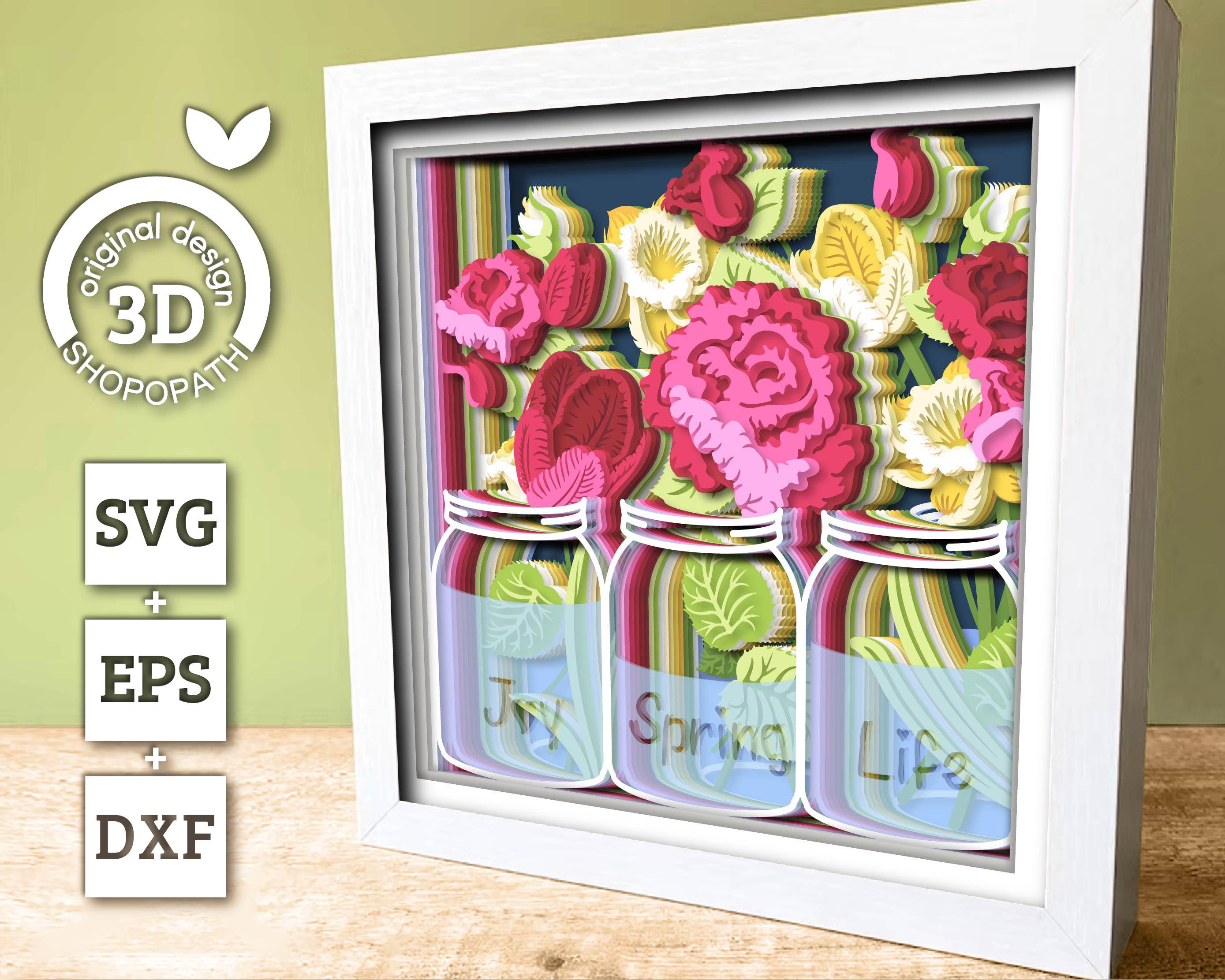 3D Layered Spring Shadow Box, Jar With Flowers 3D SVG , Floral Shadow ...