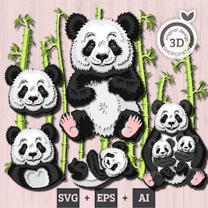 Panda en couches SVG 3D, bambou en couches 3D, svg panda en couches, Svg été, panda ours découpé au laser, bambou 3d svg Cricut, Glowforge