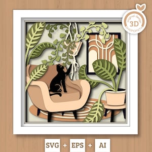 3D Boho Living Room Shadow Box SVG em camadas Boho SVG, Boho Room Shadow Box, Boho Plants 3D Svg, Boho Cat Svg, Papercut svg Cricut Silhouette