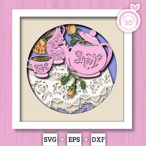 Tebjudning med spets - 3D-skuggbox lager SVG DXF EPS (skärfiler)