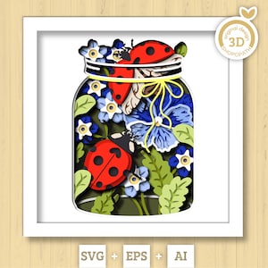 3D SVG Coccinelle In Jar Shadow Box, Pansy 3D SVG, Love Bug 3D Svg, Summer Shadow Box, Fiori 3d Svg, Floral Papercut svg Cricut Silhouette