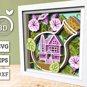 3D SVG Morning Glory Flowers With Terrarium House Shadow Box, 3D Summer SVG, Morning Glory 3D SVG, Layered Flowers 3d Svg, Cricut Silhouette image 2