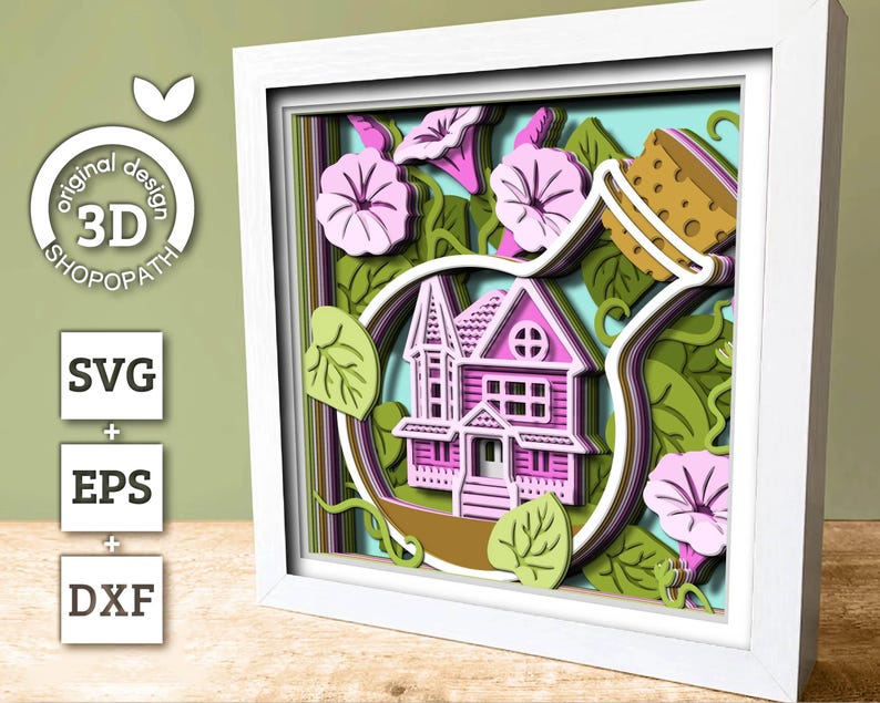 3D SVG Morning Glory Flowers With Terrarium House Shadow Box, 3D Summer SVG, Morning Glory 3D SVG, Layered Flowers 3d Svg, Cricut Silhouette image 2