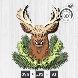 Ciervo SVG 3D, ciervo SVG 3D en capas, animales del bosque SVG 3D, bosque SVG 3D, pino SVG 3D, ciervo 3D en capas, naturaleza SVG 3D, corte láser Cricut