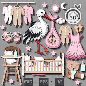 Pacote de chá de bebê 3D SVG, 3D Baby SVG, 3d Stork SVG, Berço de bebê 3d svg, Onesie Layered Papercut svg, Baby Svg Laser Cut Baby Shower Cricut