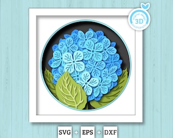 Hydrangea Flowers with Leaves - 3D Shadow Box Layered SVG DXF EPS (Cutting Files)
