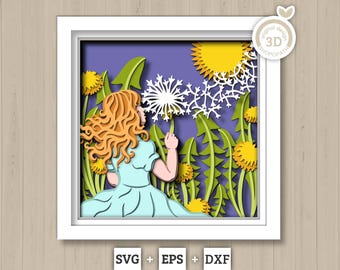 Girl in Dandelion Field - 3D Shadow Box Layered SVG DXF EPS (Cutting Files)