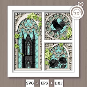 Gothic Window with Roses Panels - 3D Shadow Box Layered SVG DXF EPS (Cutting Files)