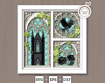 Gothic Window with Roses Panels - 3D Shadow Box Layered SVG DXF EPS (Cutting Files)