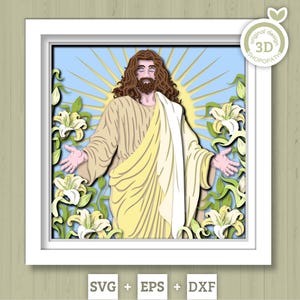3D SVG Jésus Shadow Box avec fleurs de lys blancs pour Pâques vacances chrétiennes fichiers de découpe 3D Svg pour Cricut Silhouette Brother