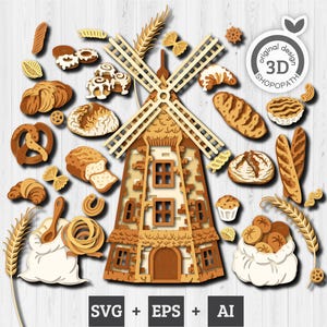 Elementi SVG 3D a strati di panetteria con pane, mulino a vento, pasticcini, prodotti da forno e pasta, file DXF EPS da tagliare per Cricut Silhouette Brother
