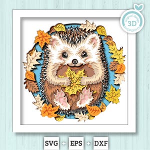 Riccio SVG 3D che tiene una foglia d'acero in una scatola delle ombre, SVG 3D autunnale, Riccio SVG a strati 3D, SVG 3D autunnale, Foglia d'acero SVG 3D, Silhouette Cricut